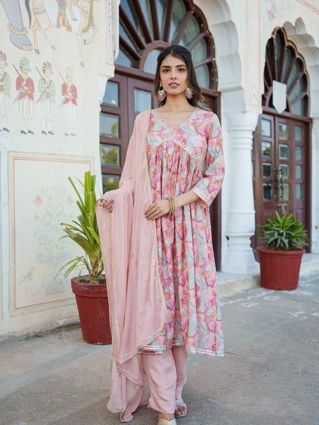 Women Peach Kurta With Bottom & Dupatta Set (Set of 5 Pc)