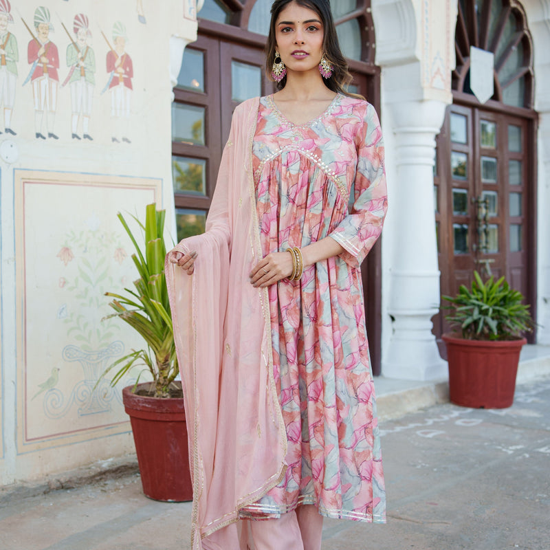 Women Peach Kurta With Bottom & Dupatta Set (Set of 5 Pc)