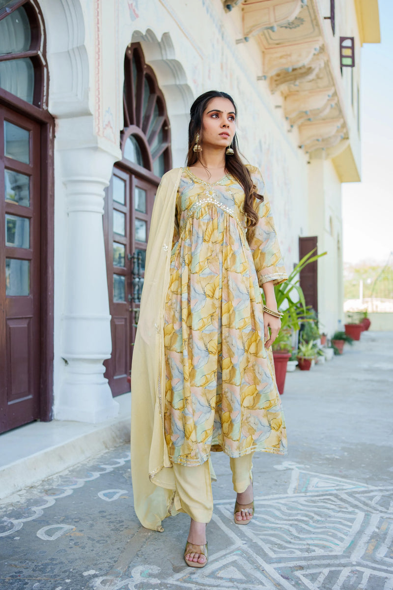 Women  Yellow Muslin kurta with  handwork embroidery, solid bottom & Dupatta Set (Set of 5 Pc)