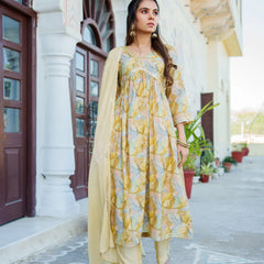 Women  Yellow Muslin kurta with  handwork embroidery, solid bottom & Dupatta Set (Set of 5 Pc)