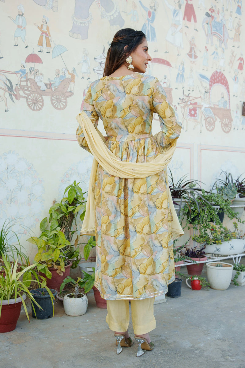 Women  Yellow Muslin kurta with  handwork embroidery, solid bottom & Dupatta Set (Set of 5 Pc)