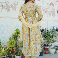Women  Yellow Muslin kurta with  handwork embroidery, solid bottom & Dupatta Set (Set of 5 Pc)