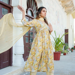 Women  Yellow Muslin kurta with  handwork embroidery, solid bottom & Dupatta Set (Set of 5 Pc)