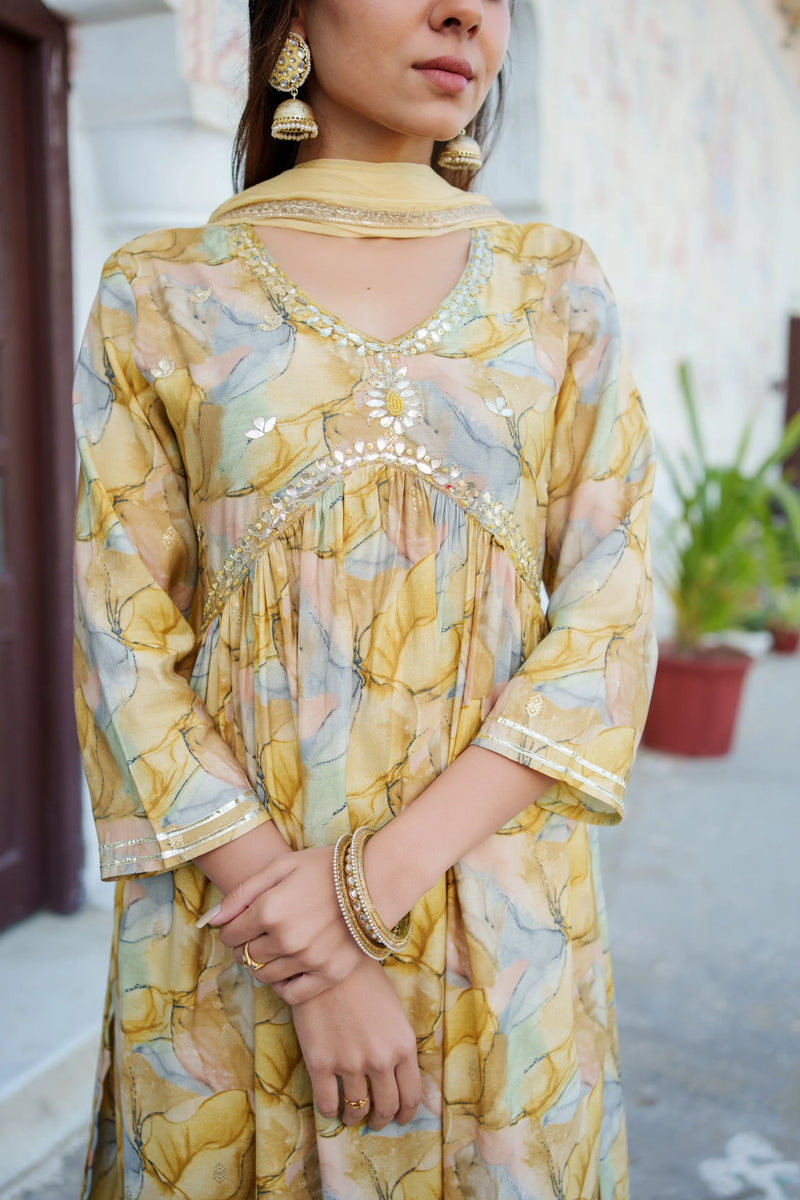 Women  Yellow Muslin kurta with  handwork embroidery, solid bottom & Dupatta Set (Set of 5 Pc)