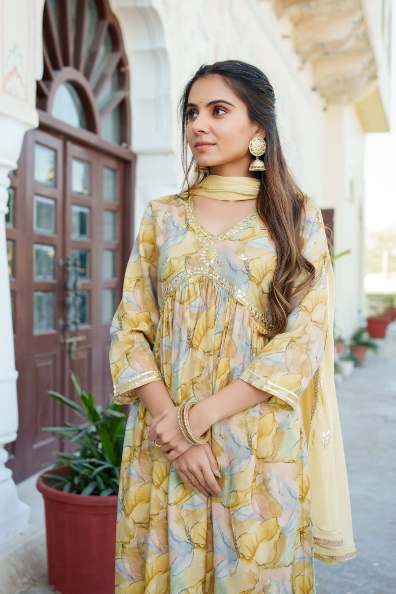 Women  Yellow Muslin kurta with  handwork embroidery, solid bottom & Dupatta Set (Set of 5 Pc)