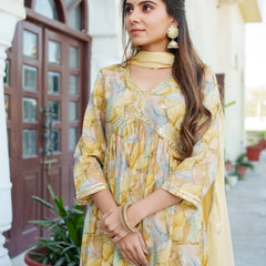Women  Yellow Muslin kurta with  handwork embroidery, solid bottom & Dupatta Set (Set of 5 Pc)