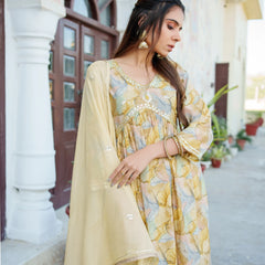 Women  Yellow Muslin kurta with  handwork embroidery, solid bottom & Dupatta Set (Set of 5 Pc)