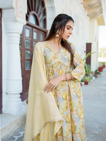 Women  Yellow Muslin kurta with  handwork embroidery, solid bottom & Dupatta Set (Set of 5 Pc)