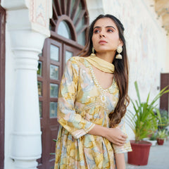 Women  Yellow Muslin kurta with  handwork embroidery, solid bottom & Dupatta Set (Set of 5 Pc)