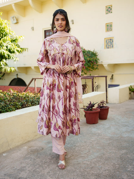 Women Nude Pink Muslin Kurta With Embroidery Solid Bottom & Dupatta Set (Set of 5 Pc)
