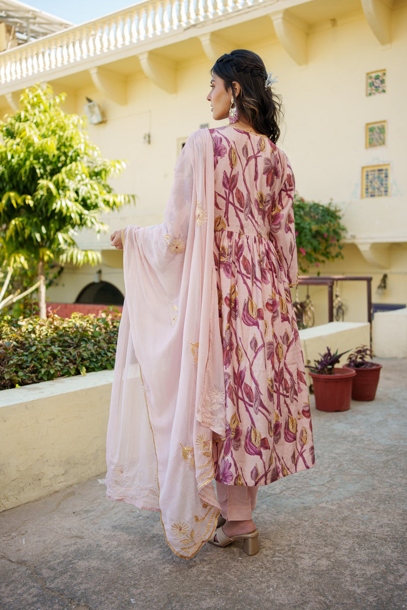 Women Nude Pink Muslin Kurta With Embroidery Solid Bottom & Dupatta Set (Set of 5 Pc)