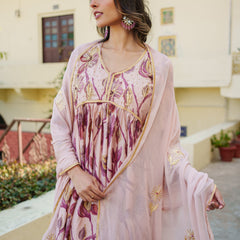 Women Nude Pink Muslin Kurta With Embroidery Solid Bottom & Dupatta Set (Set of 5 Pc)