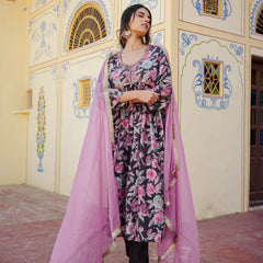 Women Muslin Kurta With Bead Work Embroidery Solid Bottom & Dupatta Set (Set of 5 Pc)