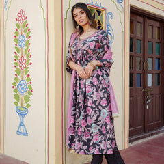 Women Muslin Kurta With Bead Work Embroidery Solid Bottom & Dupatta Set (Set of 5 Pc)