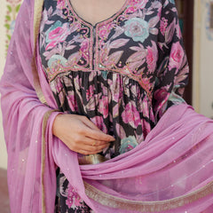 Women Muslin Kurta With Bead Work Embroidery Solid Bottom & Dupatta Set (Set of 5 Pc)