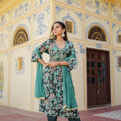 Women Muslin Kurta With Bead Work Embroidery Solid Bottom & Dupatta Set (Set of 5 Pc)