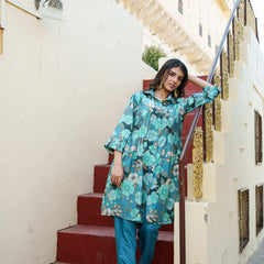 Women Teal Blue Muslin Tucks kurta with sequence Shirt Collar & Solid Bottom (Set of 5 Pc)
