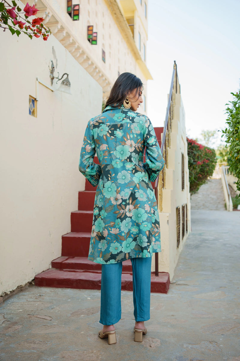 Women Teal Blue Muslin Tucks kurta with sequence Shirt Collar & Solid Bottom (Set of 5 Pc)