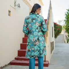 Women Teal Blue Muslin Tucks kurta with sequence Shirt Collar & Solid Bottom (Set of 5 Pc)