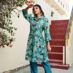 Women Teal Blue Muslin Tucks kurta with sequence Shirt Collar & Solid Bottom (Set of 5 Pc)