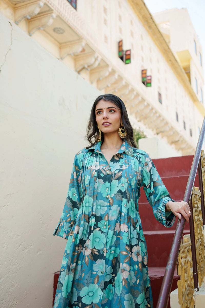 Women Teal Blue Muslin Tucks kurta with sequence Shirt Collar & Solid Bottom (Set of 5 Pc)