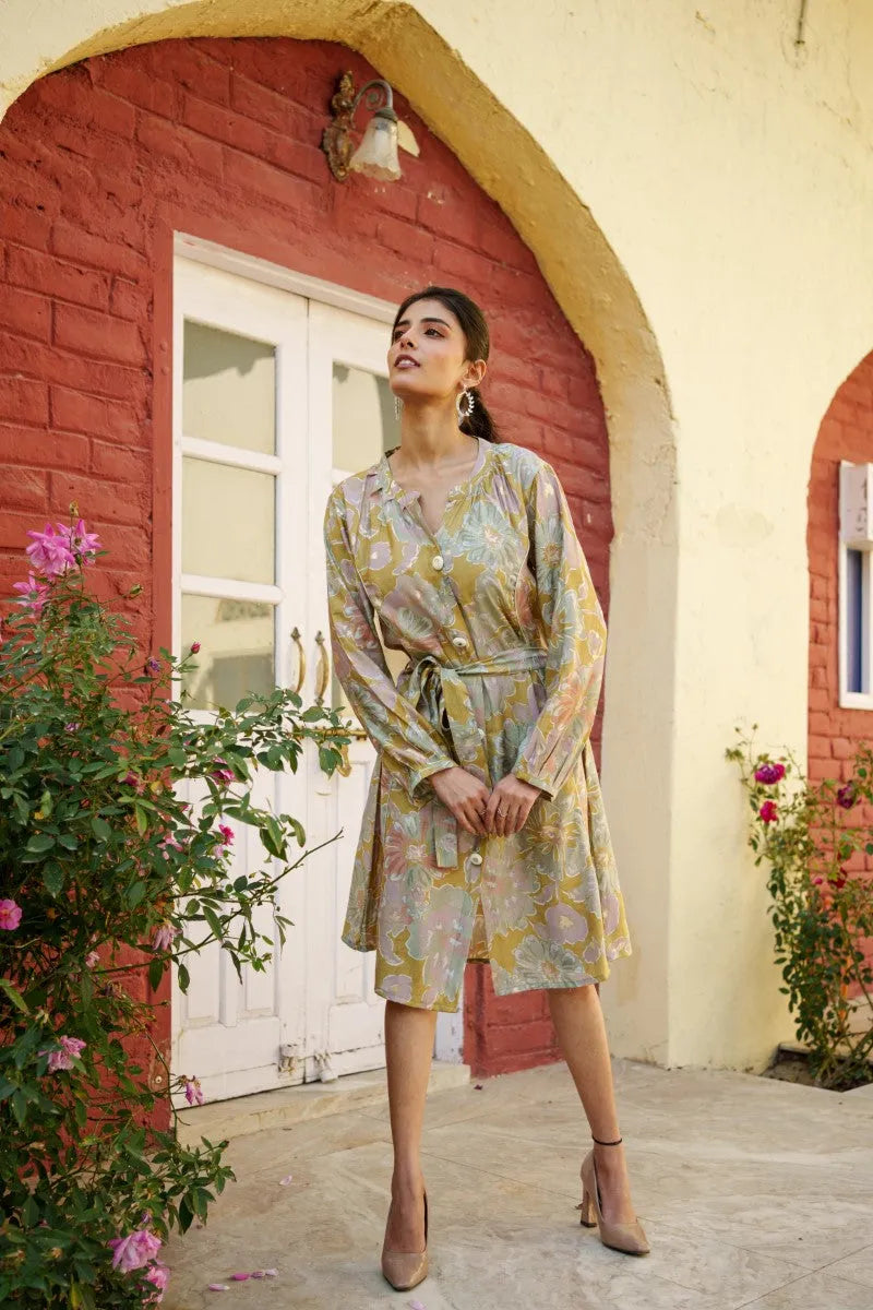 Women Muslin Floral Printed Knee Length Dress With Belt (Set of 5 Pc)