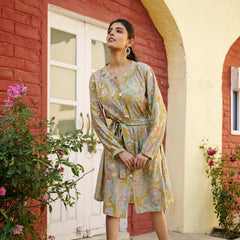 Women Muslin Floral Printed Knee Length Dress With Belt (Set of 5 Pc)