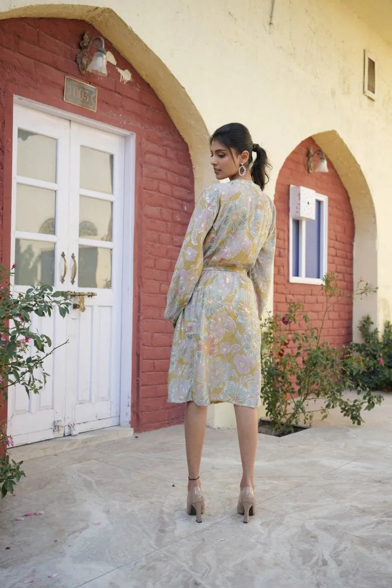 Women Muslin Floral Printed Knee Length Dress With Belt (Set of 5 Pc)