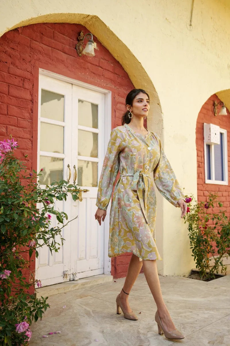 Women Muslin Floral Printed Knee Length Dress With Belt (Set of 5 Pc)