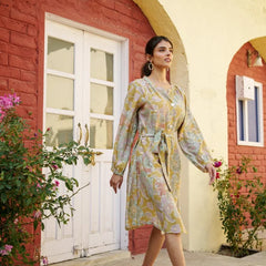 Women Muslin Floral Printed Knee Length Dress With Belt (Set of 5 Pc)