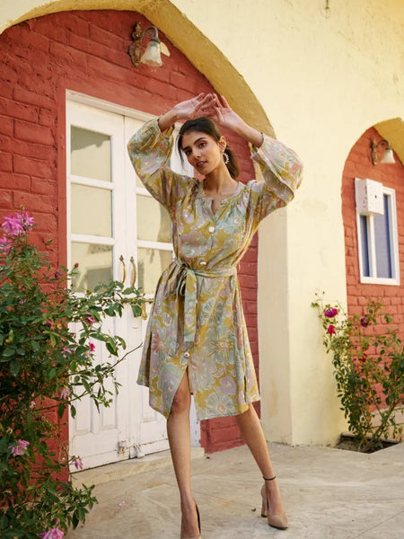 Women Muslin Floral Printed Knee Length Dress With Belt (Set of 5 Pc)