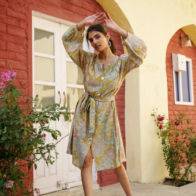 Women Muslin Floral Printed Knee Length Dress With Belt (Set of 5 Pc)