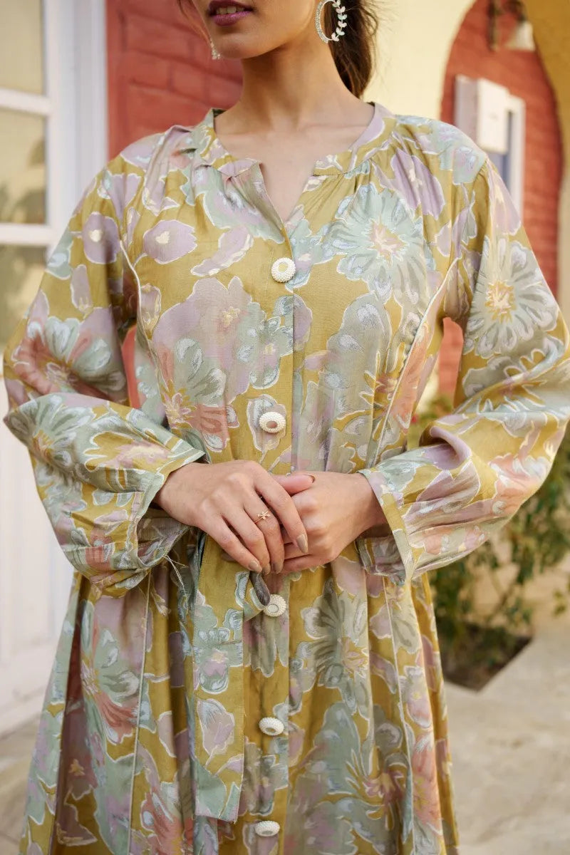 Women Muslin Floral Printed Knee Length Dress With Belt (Set of 5 Pc)