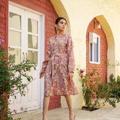 Women Muslin Floral Printed Knee Length Dress With Belt (Set of 5 Pc)