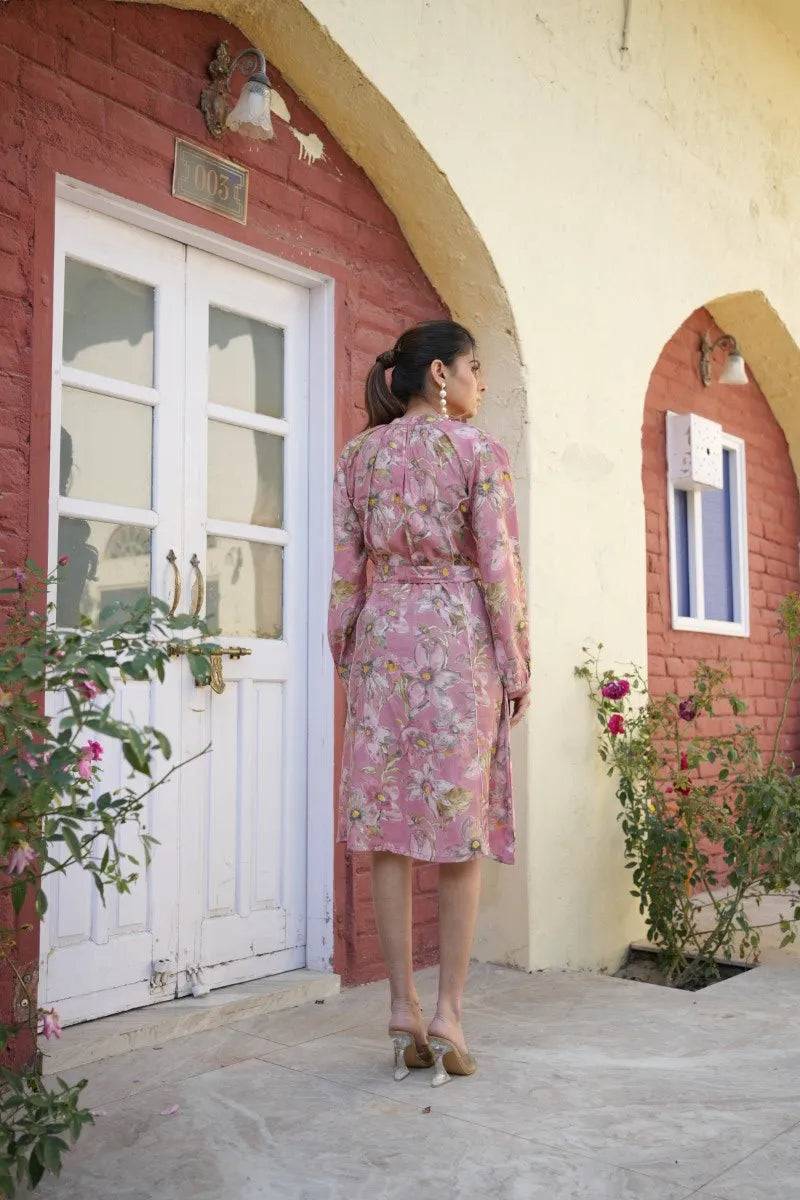 Women Muslin Floral Printed Knee Length Dress With Belt (Set of 5 Pc)