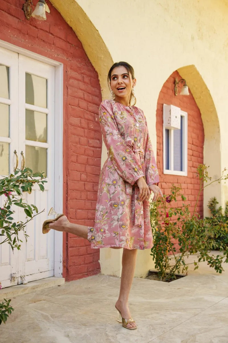 Women Muslin Floral Printed Knee Length Dress With Belt (Set of 5 Pc)