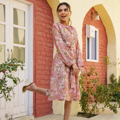 Women Muslin Floral Printed Knee Length Dress With Belt (Set of 5 Pc)