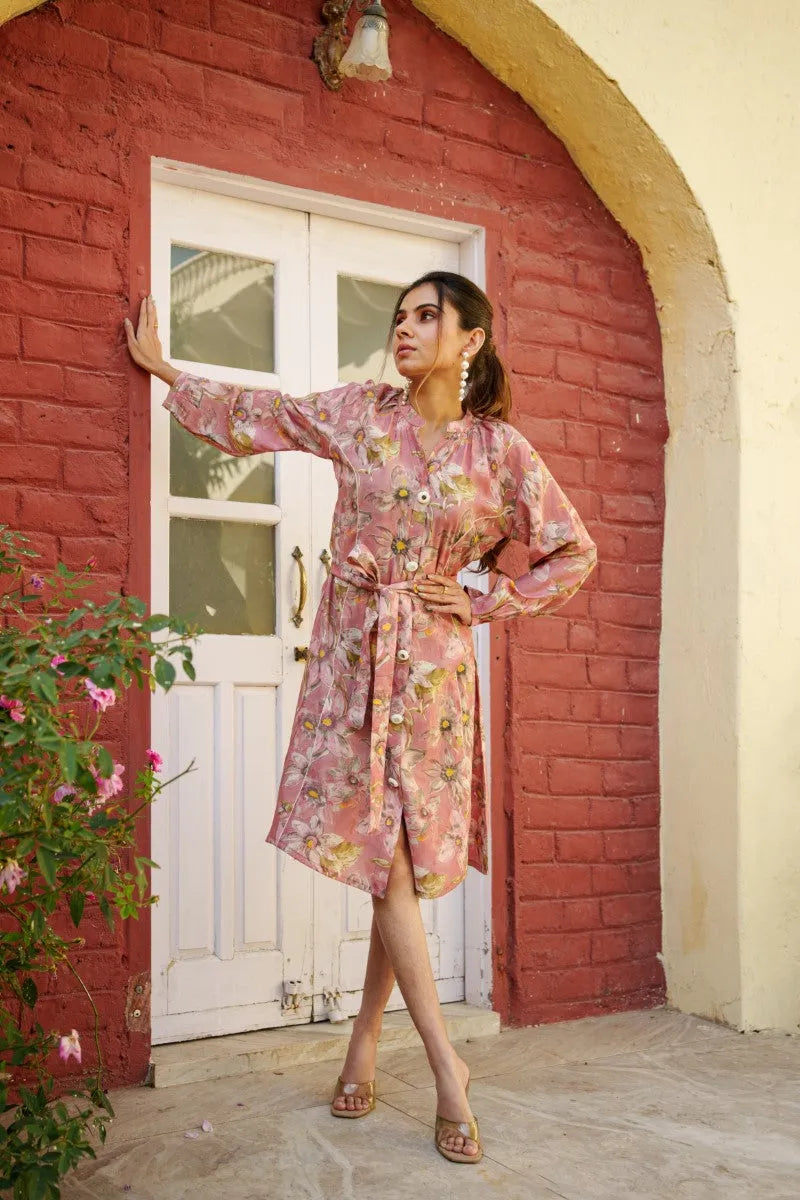 Women Muslin Floral Printed Knee Length Dress With Belt (Set of 5 Pc)