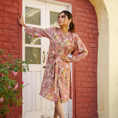 Women Muslin Floral Printed Knee Length Dress With Belt (Set of 5 Pc)