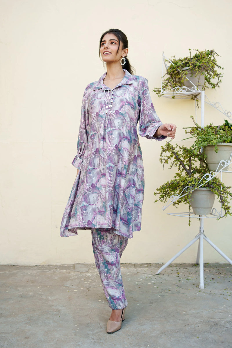 Women Muslin Printed Cord Set with Lace detail & Bottom (Set of 5 Pc)