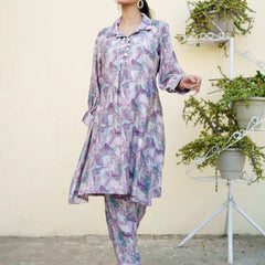 Women Muslin Printed Cord Set with Lace detail & Bottom (Set of 5 Pc)