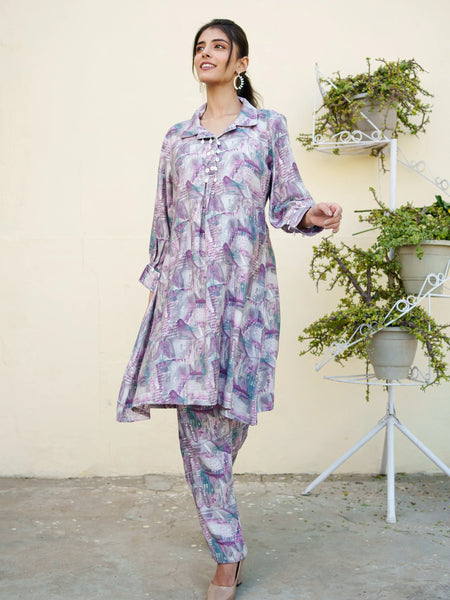 Women Muslin Printed Cord Set with Lace detail & Bottom (Set of 5 Pc)