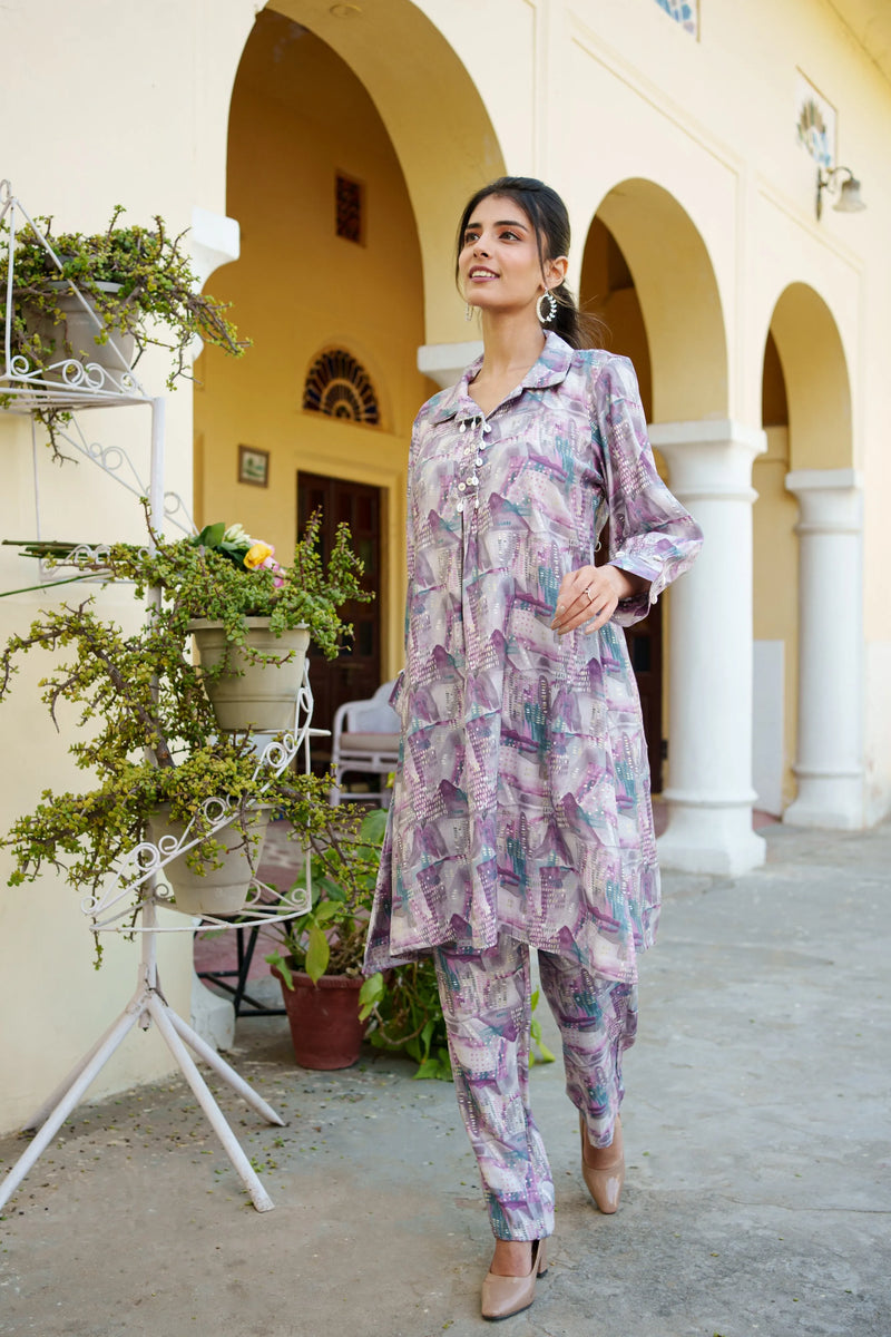 Women Muslin Printed Cord Set with Lace detail & Bottom (Set of 5 Pc)