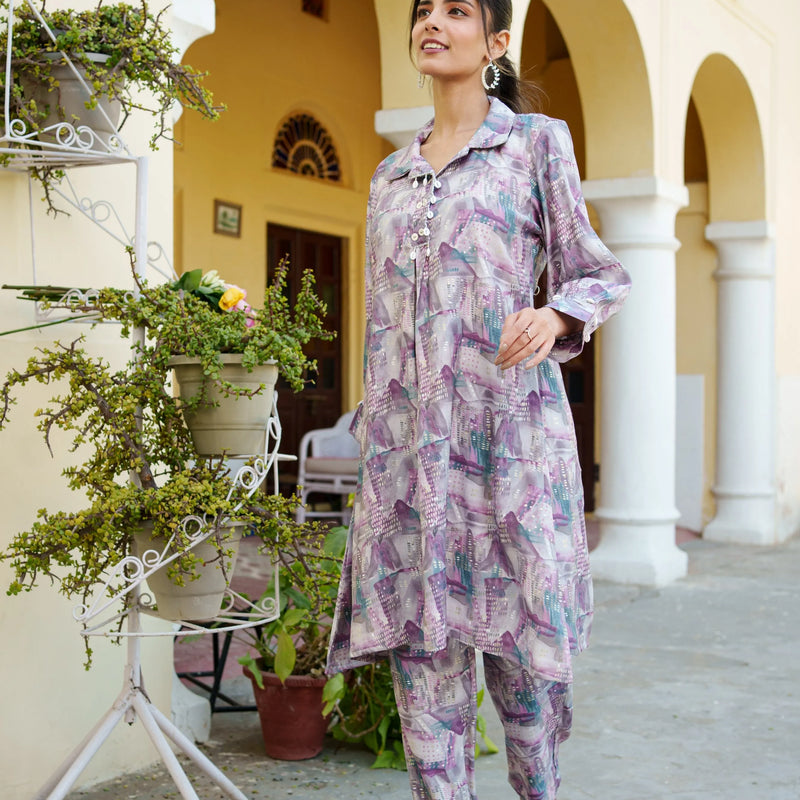 Women Muslin Printed Cord Set with Lace detail & Bottom (Set of 5 Pc)