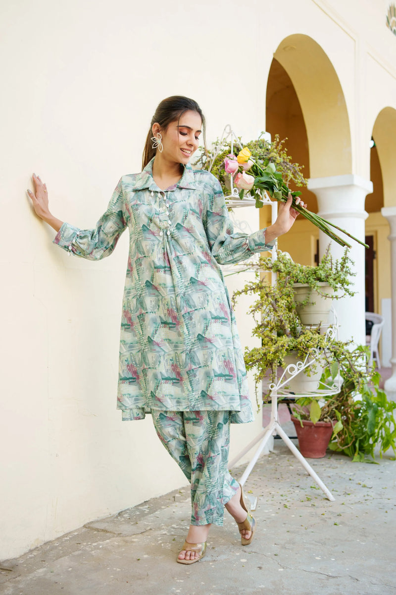 Women Muslin Printed Cord Set with Lace detail & Bottom (Set of 5 Pc)
