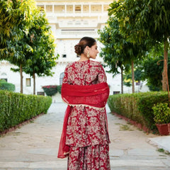 Women Floral Embroidered Kurta & Sequin Chiffon Sharara Dupatta Set (Set of 5 Pc)