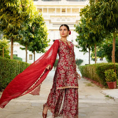 Women Floral Embroidered Kurta & Sequin Chiffon Sharara Dupatta Set (Set of 5 Pc)