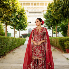 Women Floral Embroidered Kurta & Sequin Chiffon Sharara Dupatta Set (Set of 5 Pc)