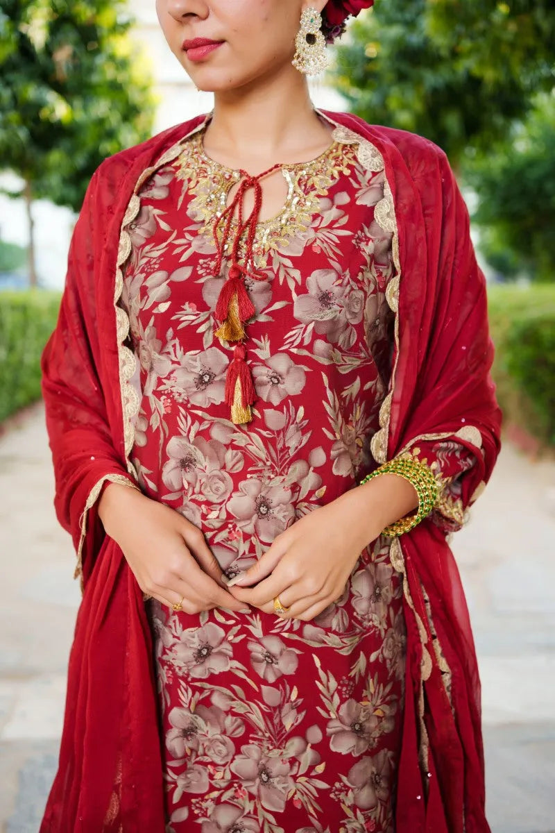 Women Floral Embroidered Kurta & Sequin Chiffon Sharara Dupatta Set (Set of 5 Pc)
