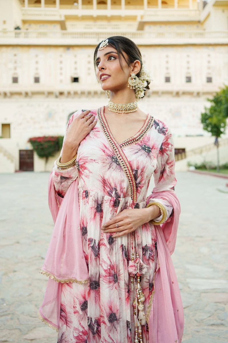 White Chinon Floral Embroidered Angrakha Anarkali Set with Solid Bottom & Sequin Chiffon Dupatta (Set of 5 Pc)